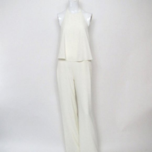 Halston Heritage Flowy Halter Crepe Cream Jumpsuit 2 - Picture 2 of 12